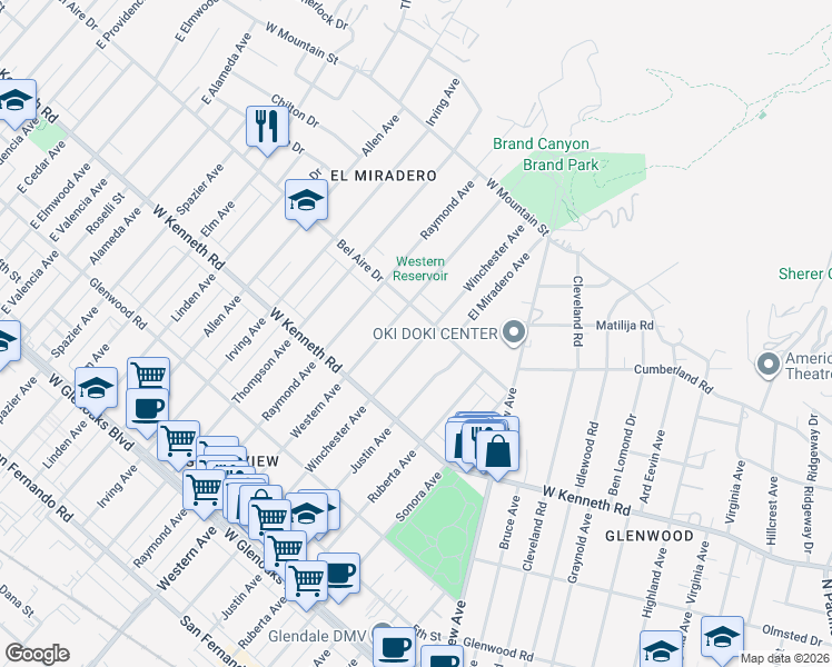 map of restaurants, bars, coffee shops, grocery stores, and more near 1366 Western Avenue in Glendale