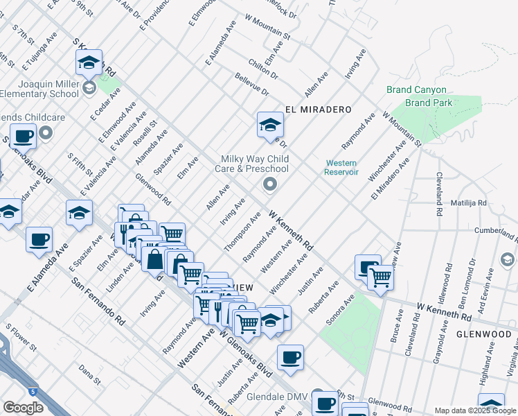 map of restaurants, bars, coffee shops, grocery stores, and more near 1800 West Kenneth Road in Glendale