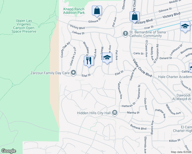 map of restaurants, bars, coffee shops, grocery stores, and more near 5860 Eilat Place in Los Angeles