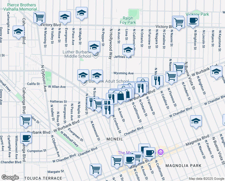 map of restaurants, bars, coffee shops, grocery stores, and more near 1520 North Hollywood Way in Burbank