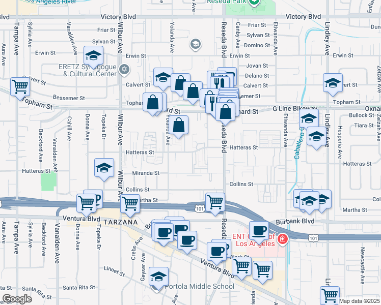 map of restaurants, bars, coffee shops, grocery stores, and more near 18601 Hatteras Street in Los Angeles