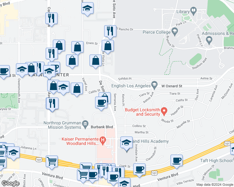 map of restaurants, bars, coffee shops, grocery stores, and more near 5834 Serrania Avenue in Los Angeles