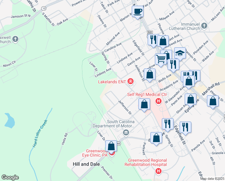 map of restaurants, bars, coffee shops, grocery stores, and more near 1005 Jefferson Street in Greenwood