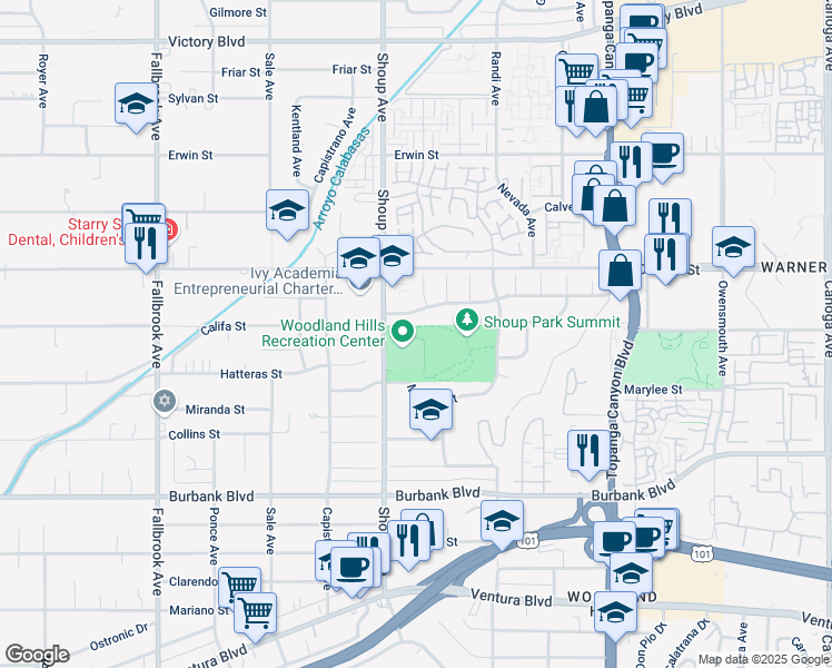 map of restaurants, bars, coffee shops, grocery stores, and more near 5858 Shoup Avenue in Los Angeles