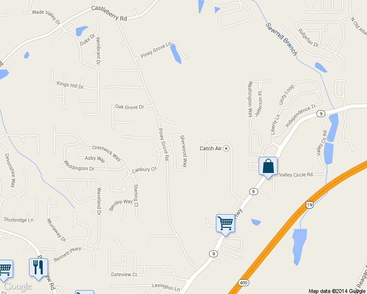 map of restaurants, bars, coffee shops, grocery stores, and more near 5314 Sherwood Way in Cumming