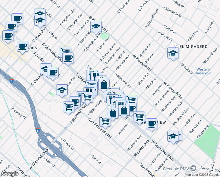 map of restaurants, bars, coffee shops, grocery stores, and more near 2050 5th Street in Glendale
