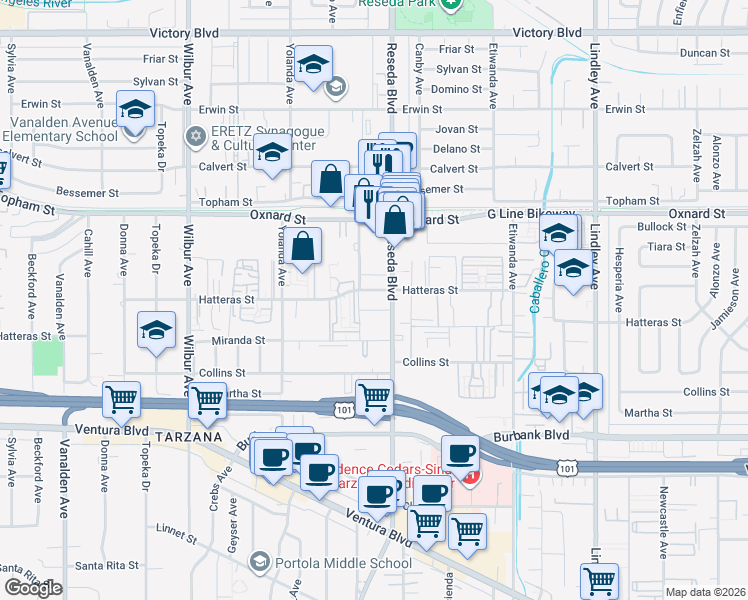 map of restaurants, bars, coffee shops, grocery stores, and more near 18530 Hatteras Street in Los Angeles