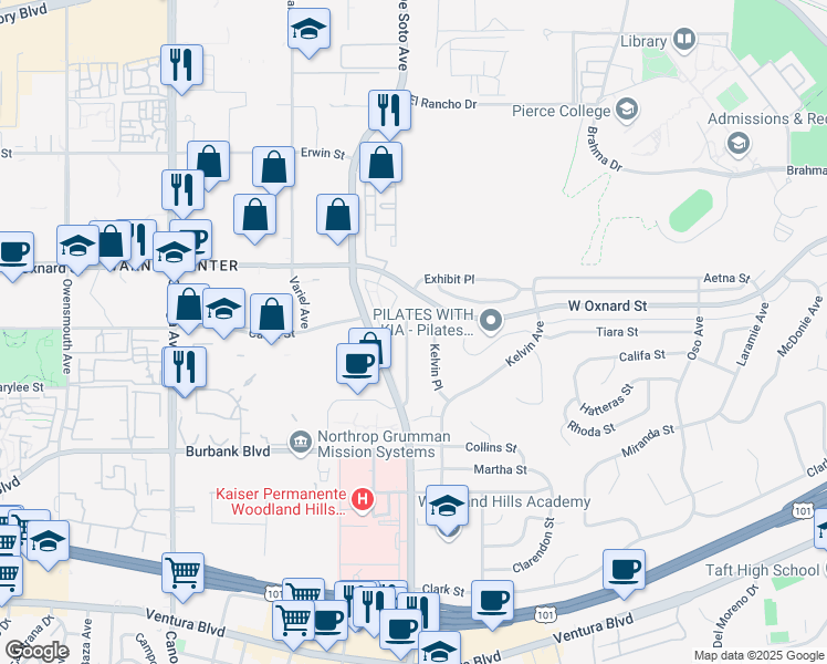 map of restaurants, bars, coffee shops, grocery stores, and more near 5834 Serrania Avenue in Los Angeles