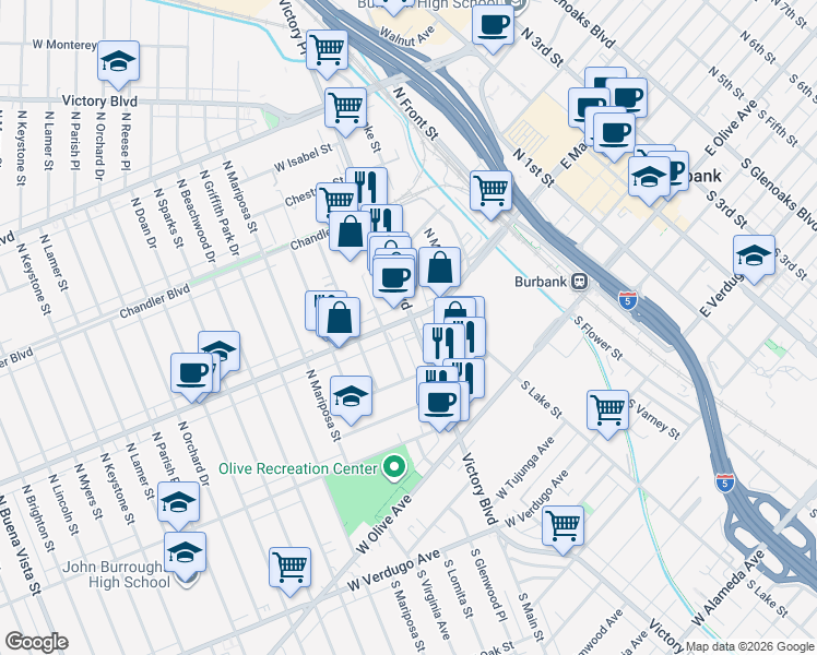 map of restaurants, bars, coffee shops, grocery stores, and more near 341 North Victory Boulevard in Burbank