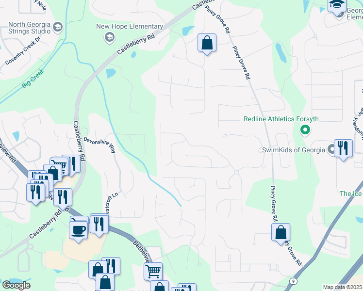 map of restaurants, bars, coffee shops, grocery stores, and more near 6180 Weddington Drive in Cumming