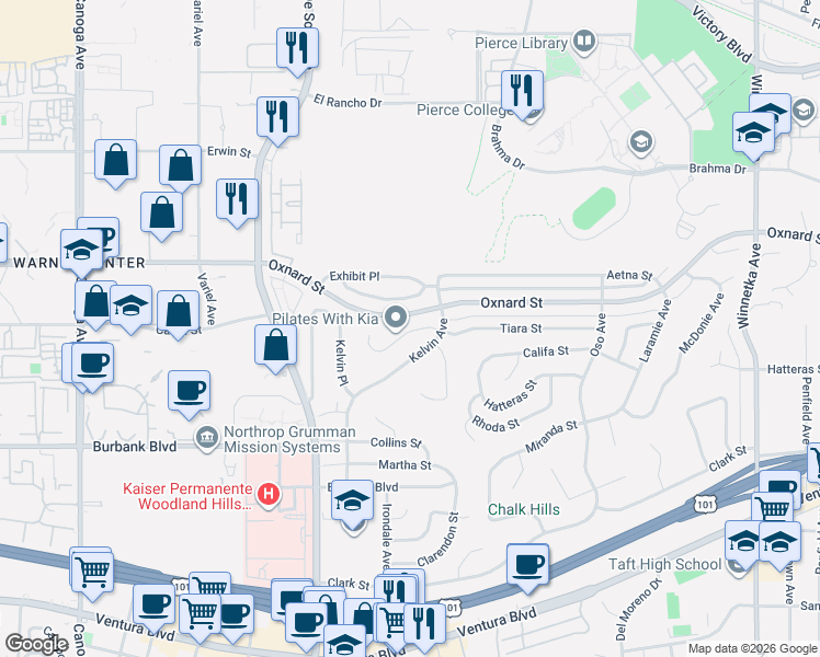 map of restaurants, bars, coffee shops, grocery stores, and more near 20737 Tiara Street in Los Angeles