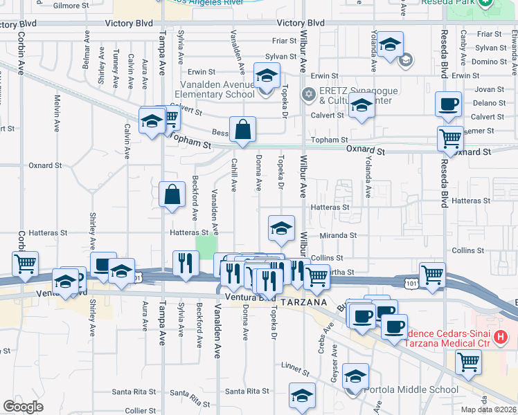map of restaurants, bars, coffee shops, grocery stores, and more near 18854 Hatteras Street in Los Angeles