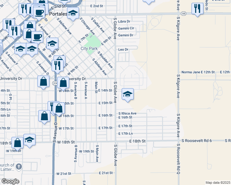 map of restaurants, bars, coffee shops, grocery stores, and more near 1415 South Globe Avenue in Portales