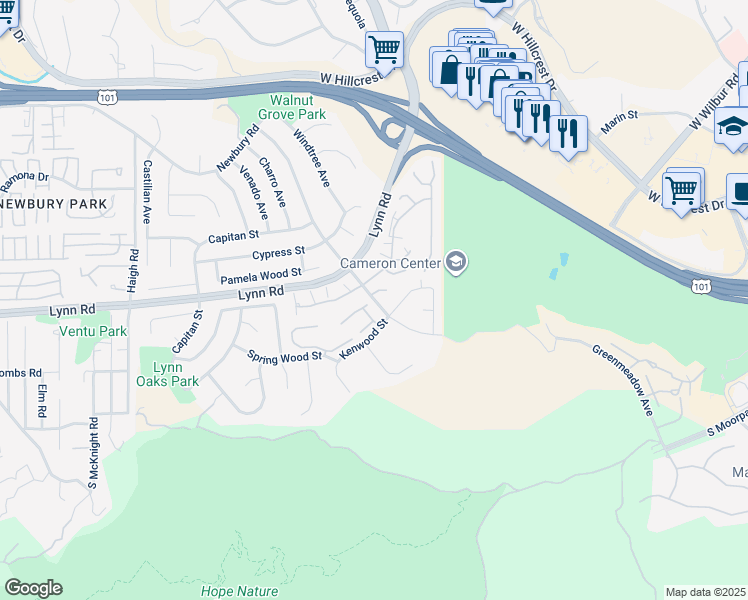 map of restaurants, bars, coffee shops, grocery stores, and more near Greenmeadow Drive in Thousand Oaks
