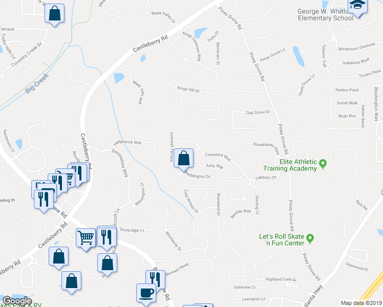 map of restaurants, bars, coffee shops, grocery stores, and more near 6170 Weddington Drive in Cumming