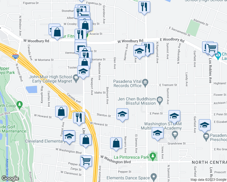 map of restaurants, bars, coffee shops, grocery stores, and more near 1827 Glen Avenue in Pasadena