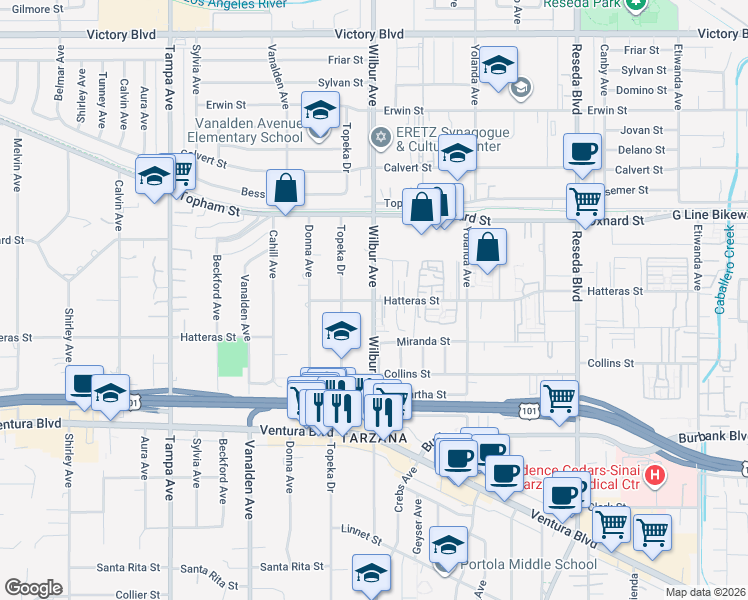map of restaurants, bars, coffee shops, grocery stores, and more near Wilbur Avenue & Hatteras Street in Los Angeles