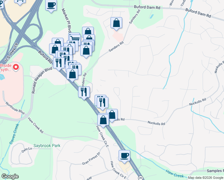 map of restaurants, bars, coffee shops, grocery stores, and more near 2815 Middlecreek Way in Cumming