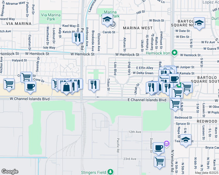 map of restaurants, bars, coffee shops, grocery stores, and more near 180 West Bowling Green in Port Hueneme