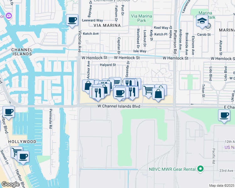 map of restaurants, bars, coffee shops, grocery stores, and more near 2505 Seadrift Court in Port Hueneme