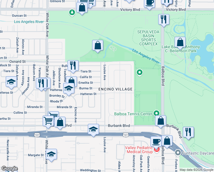 map of restaurants, bars, coffee shops, grocery stores, and more near 5864 Babbitt Avenue in Los Angeles