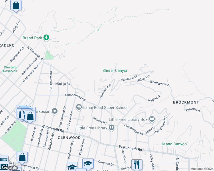 map of restaurants, bars, coffee shops, grocery stores, and more near 2125 Maginn Drive in Glendale