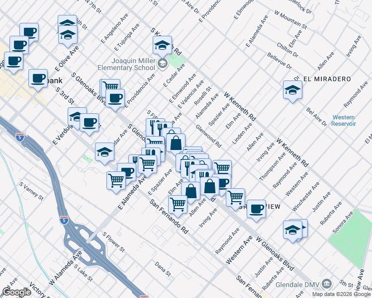 map of restaurants, bars, coffee shops, grocery stores, and more near 1133 Spazier Avenue in Glendale