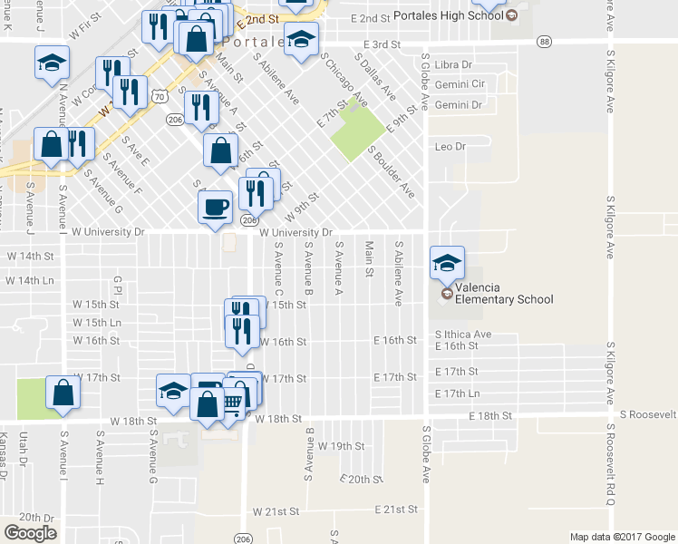 map of restaurants, bars, coffee shops, grocery stores, and more near 1412 South Avenue A in Portales