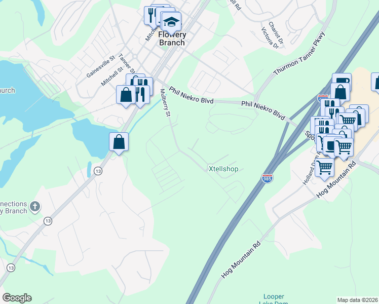 map of restaurants, bars, coffee shops, grocery stores, and more near 5714 Bridgeport Court in Flowery Branch