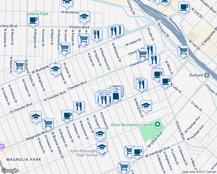 map of restaurants, bars, coffee shops, grocery stores, and more near 608 North Sparks Street in Burbank