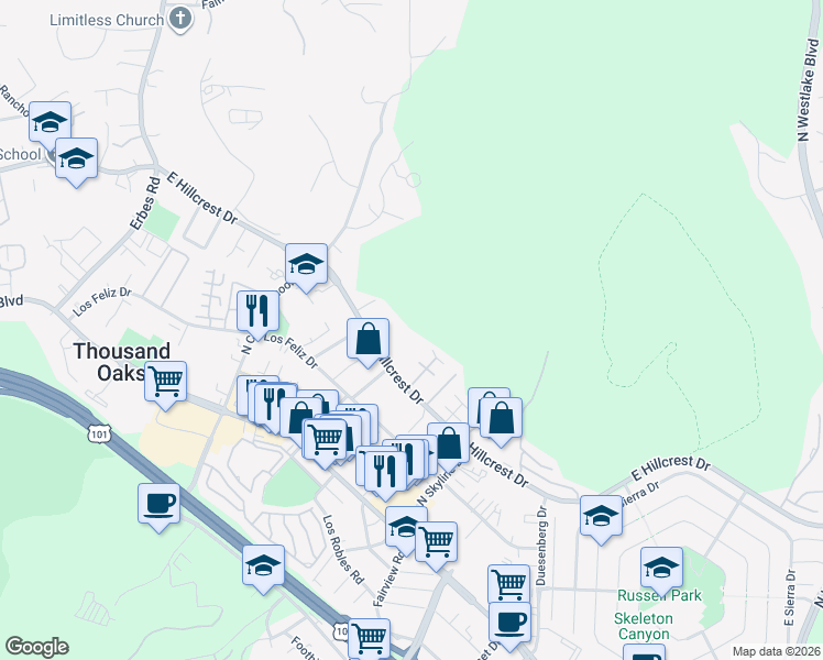 map of restaurants, bars, coffee shops, grocery stores, and more near 2485 East Hillcrest Drive in Thousand Oaks