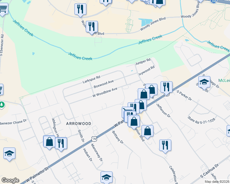 map of restaurants, bars, coffee shops, grocery stores, and more near 2924 West Woodbine Avenue in Florence