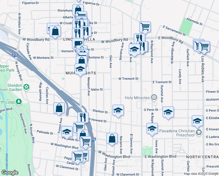 map of restaurants, bars, coffee shops, grocery stores, and more near 1827 Glen Avenue in Pasadena