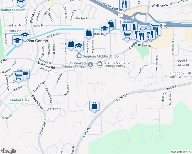 map of restaurants, bars, coffee shops, grocery stores, and more near 2645 West Kelly Road in Thousand Oaks