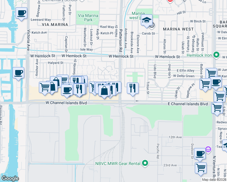 map of restaurants, bars, coffee shops, grocery stores, and more near 428 Hudson Lane in Port Hueneme