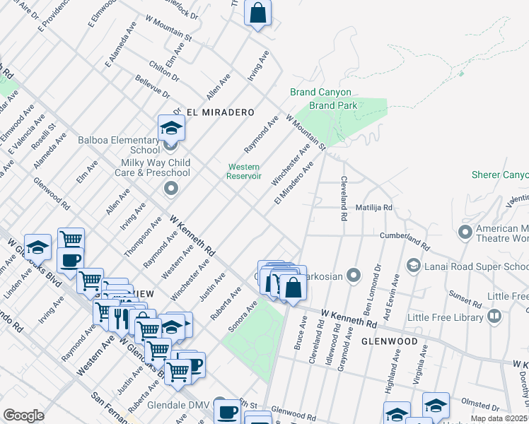 map of restaurants, bars, coffee shops, grocery stores, and more near 1611 Bel Aire Drive in Glendale