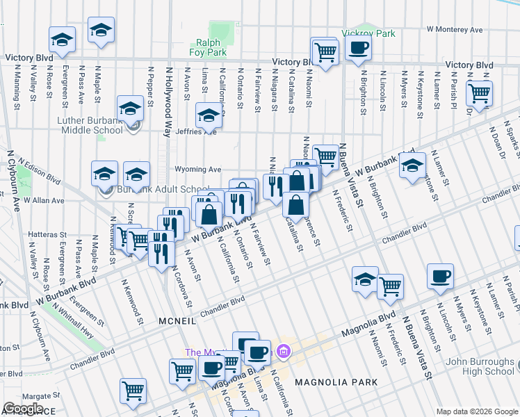 map of restaurants, bars, coffee shops, grocery stores, and more near 1315 North Fairview Street in Burbank