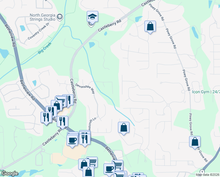 map of restaurants, bars, coffee shops, grocery stores, and more near 5480 Hedgewick Way in Cumming