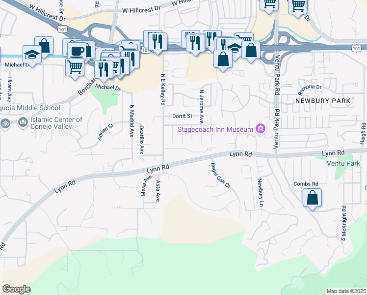 map of restaurants, bars, coffee shops, grocery stores, and more near 76 Karen Place in Thousand Oaks