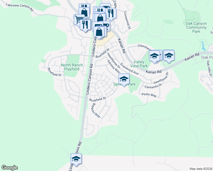 map of restaurants, bars, coffee shops, grocery stores, and more near 4862 Martona Drive in Oak Park
