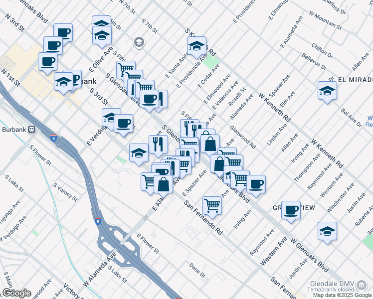 map of restaurants, bars, coffee shops, grocery stores, and more near 901 South Glenoaks Boulevard in Burbank