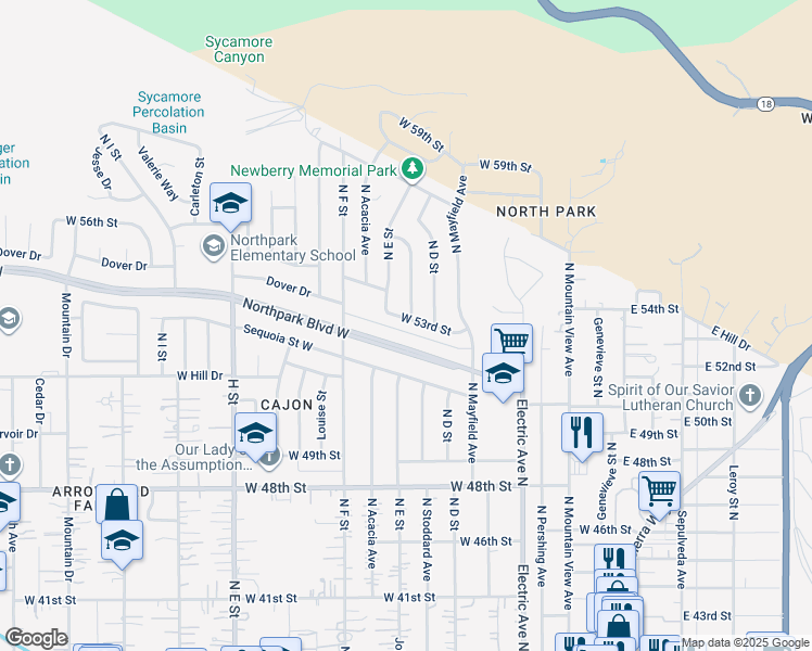 map of restaurants, bars, coffee shops, grocery stores, and more near 449 West 53rd Street in San Bernardino