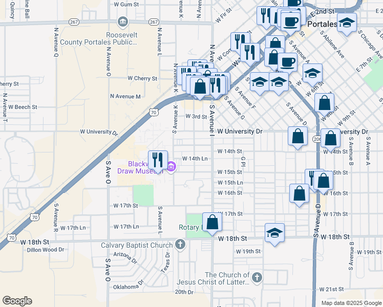 map of restaurants, bars, coffee shops, grocery stores, and more near 1414 South Avenue J in Portales