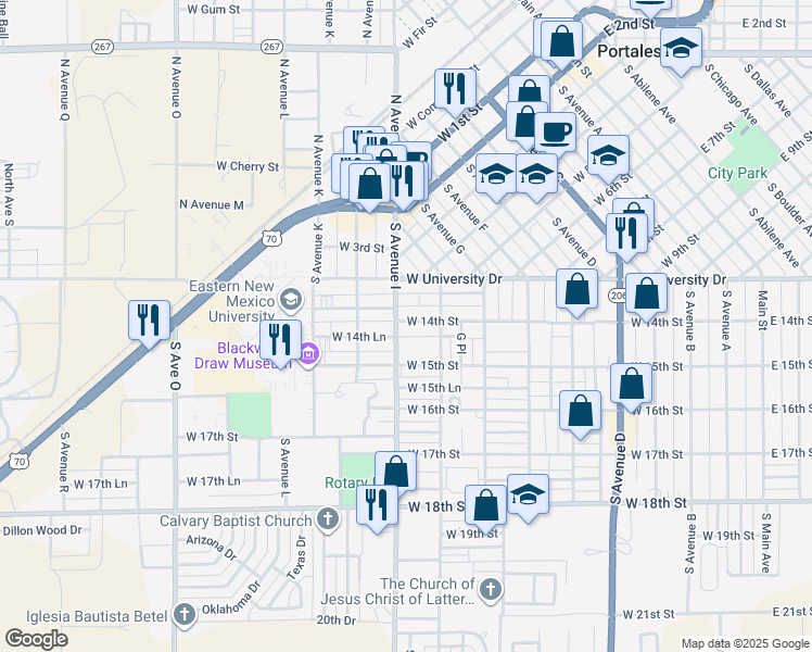 map of restaurants, bars, coffee shops, grocery stores, and more near 901 West 14th Street in Portales