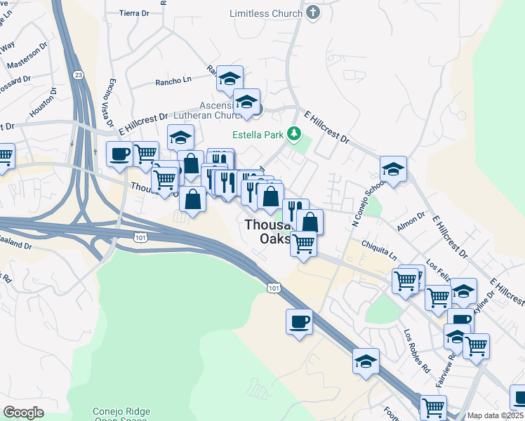 map of restaurants, bars, coffee shops, grocery stores, and more near 1803 Thousand Oaks Boulevard in Thousand Oaks