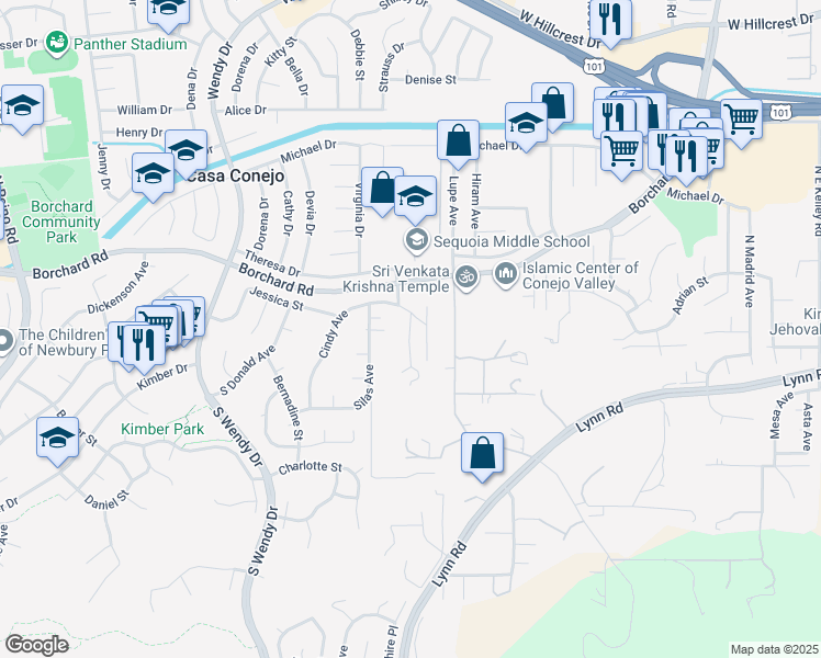 map of restaurants, bars, coffee shops, grocery stores, and more near 9 Cindy Avenue in Thousand Oaks