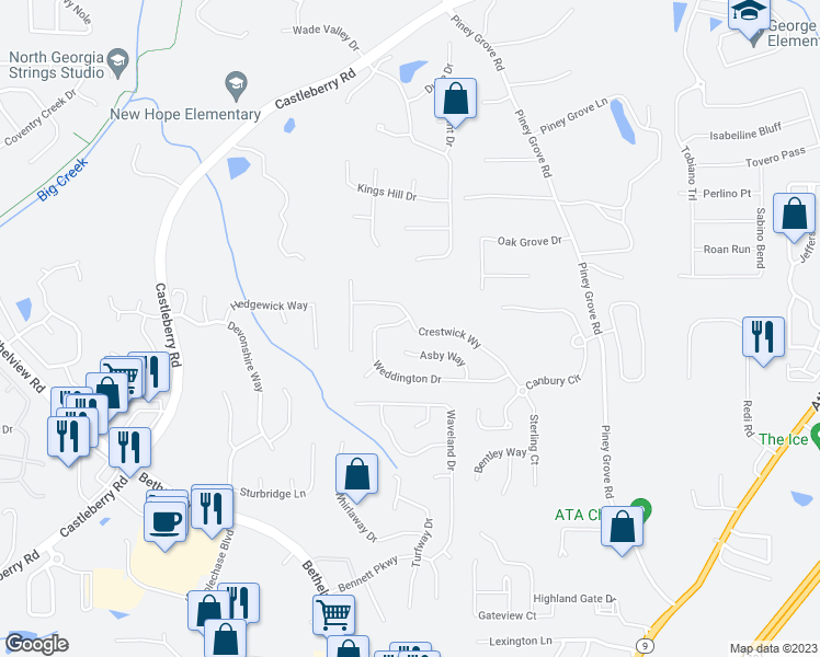 map of restaurants, bars, coffee shops, grocery stores, and more near 5855 Crestwick Way in Cumming