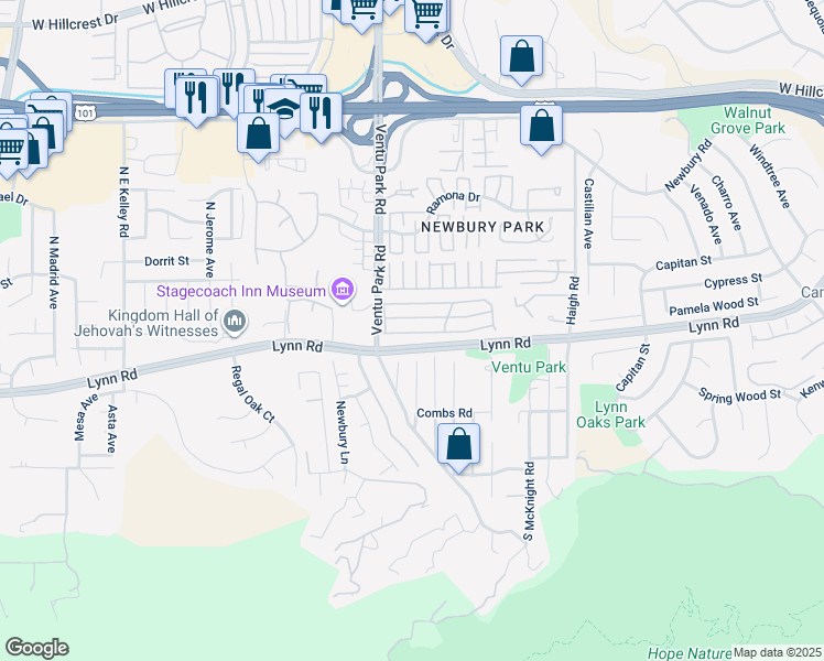 map of restaurants, bars, coffee shops, grocery stores, and more near 98 Madonna Lane in Thousand Oaks