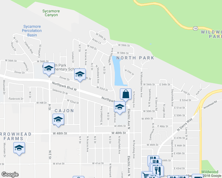 map of restaurants, bars, coffee shops, grocery stores, and more near 378 West 53rd Street in San Bernardino