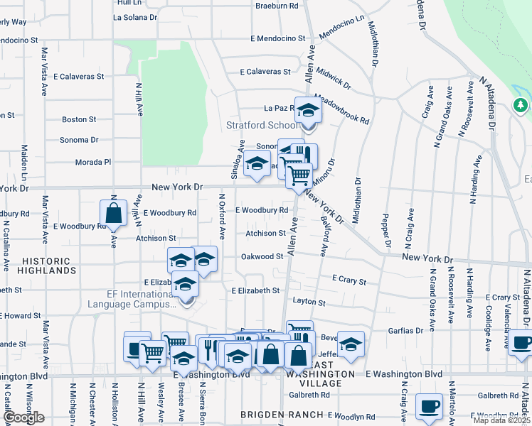 map of restaurants, bars, coffee shops, grocery stores, and more near 1747 East Woodbury Road in Pasadena